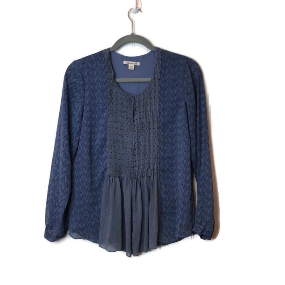 Coldwater Creek Womens Beaded Top Size PS (6-8) Boho‎ Blue Print Pleated Lined